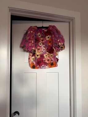 Floral Puff-Sleeve Pink Embroidered Blouse